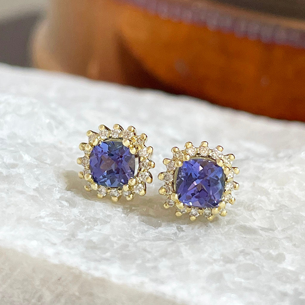 Diamond Halo Cushion Cut Tanzanite Yellow Gold Earrings