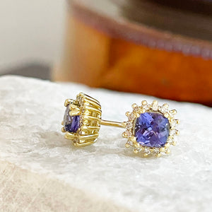 Diamond Halo Cushion Cut Tanzanite Yellow Gold Earrings