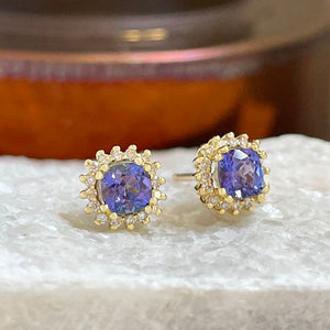 Diamond Halo Cushion Cut Tanzanite Yellow Gold Earrings