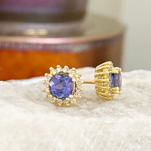 Diamond Halo Cushion Cut Tanzanite Yellow Gold Earrings