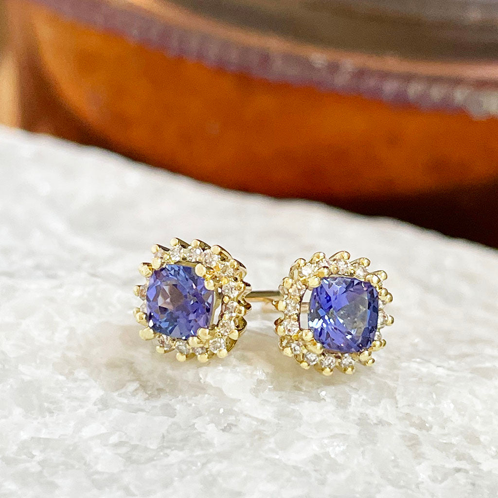 Diamond Halo Cushion Cut Tanzanite Yellow Gold Earrings
