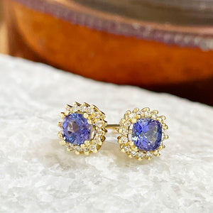 Diamond Halo Cushion Cut Tanzanite Yellow Gold Earrings