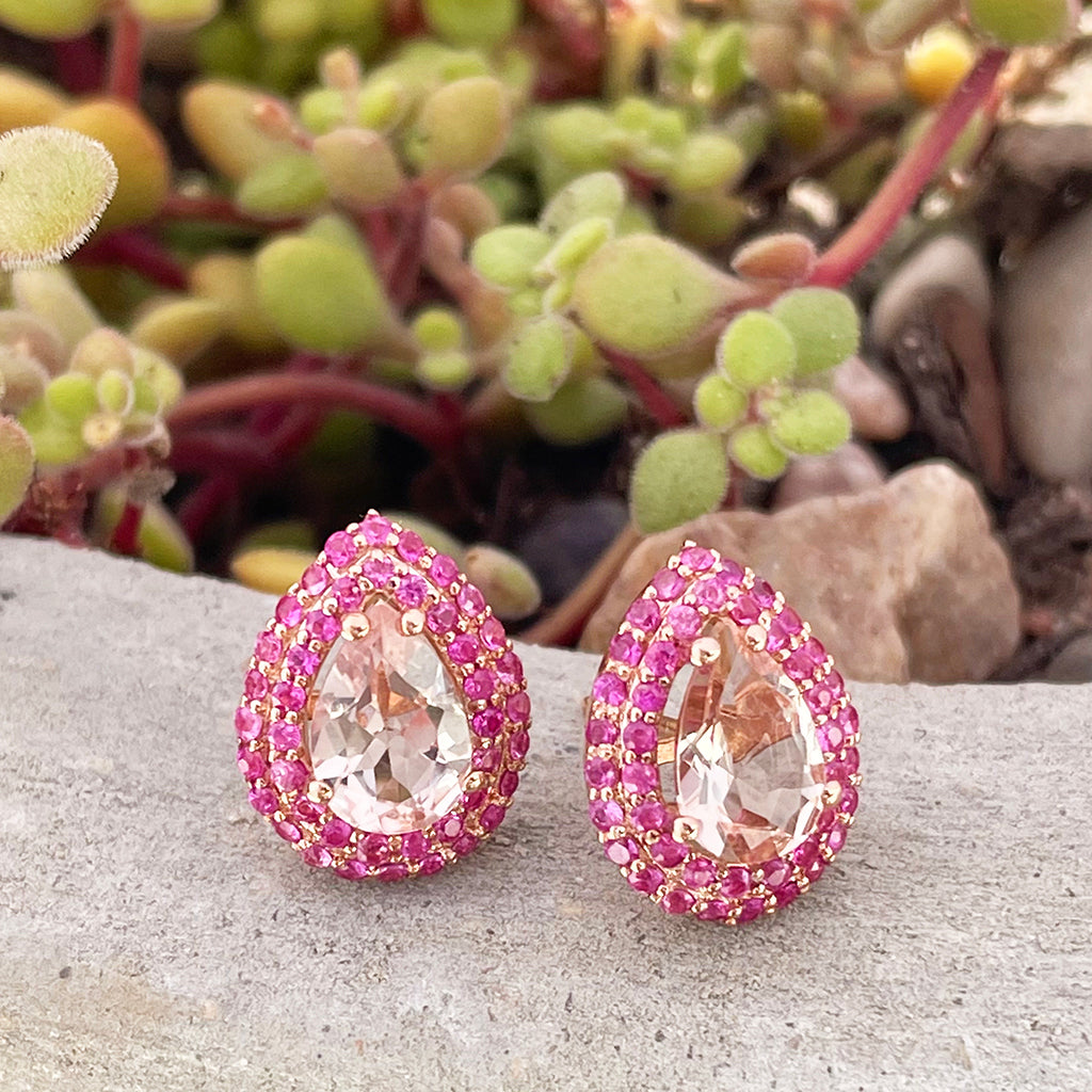 Show Stopping Morganite and Double Pink Sapphire Halo Stud Earrings