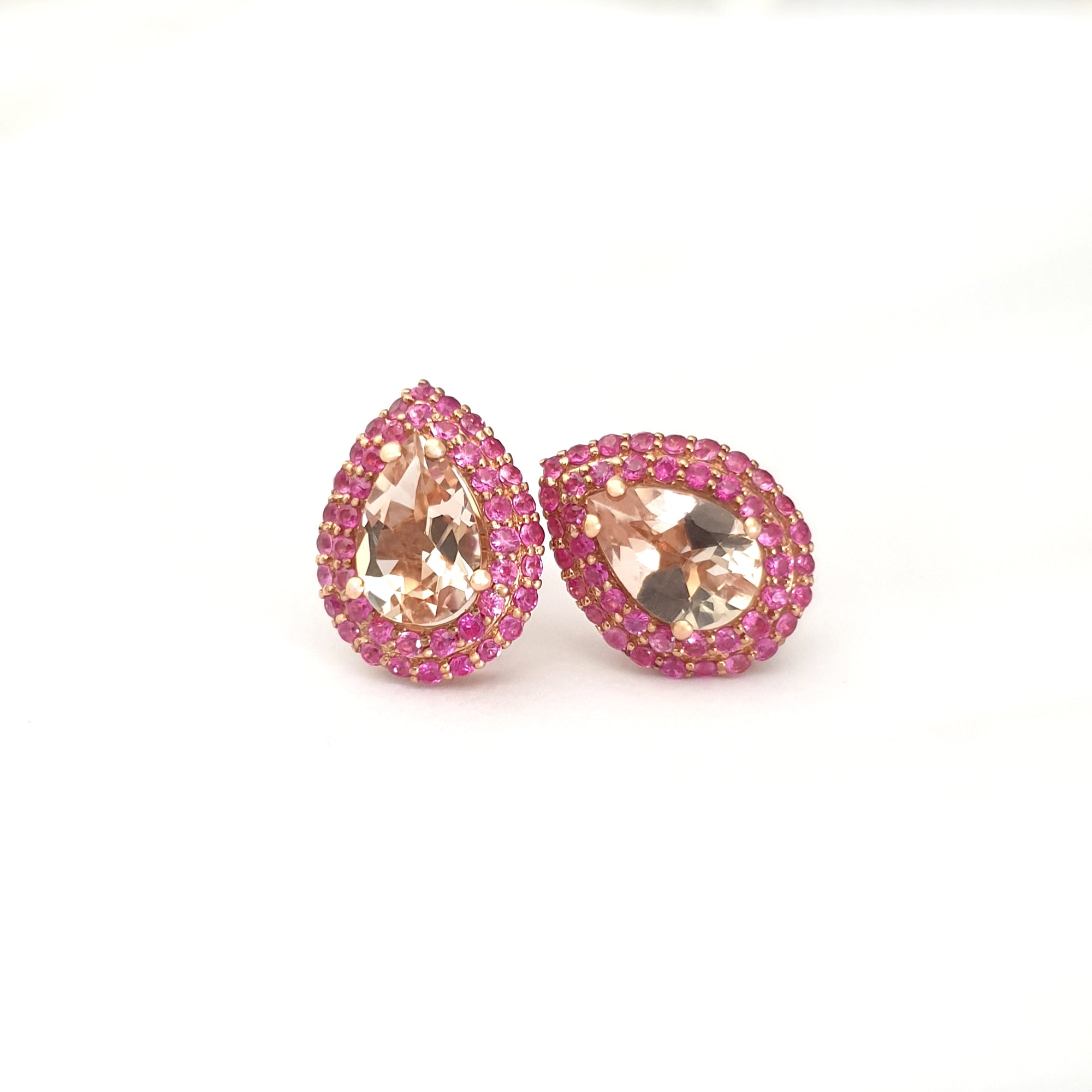Show Stopping Morganite and Double Pink Sapphire Halo Stud Earrings