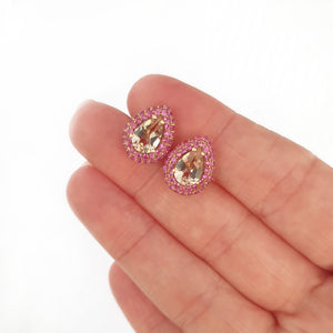 Show Stopping Morganite and Double Pink Sapphire Halo Stud Earrings