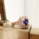 Show Stopping Square Diamond Halo Cushion Cut Tanzanite Rose Gold Ring