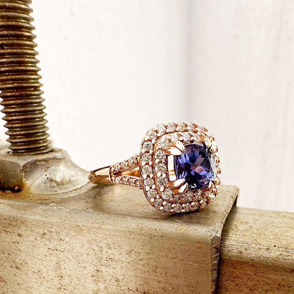 Show Stopping Square Diamond Halo Cushion Cut Tanzanite Rose Gold Ring