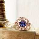Show Stopping Square Diamond Halo Cushion Cut Tanzanite Rose Gold Ring