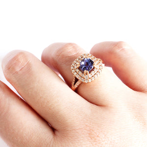 Show Stopping Square Diamond Halo Cushion Cut Tanzanite Rose Gold Ring