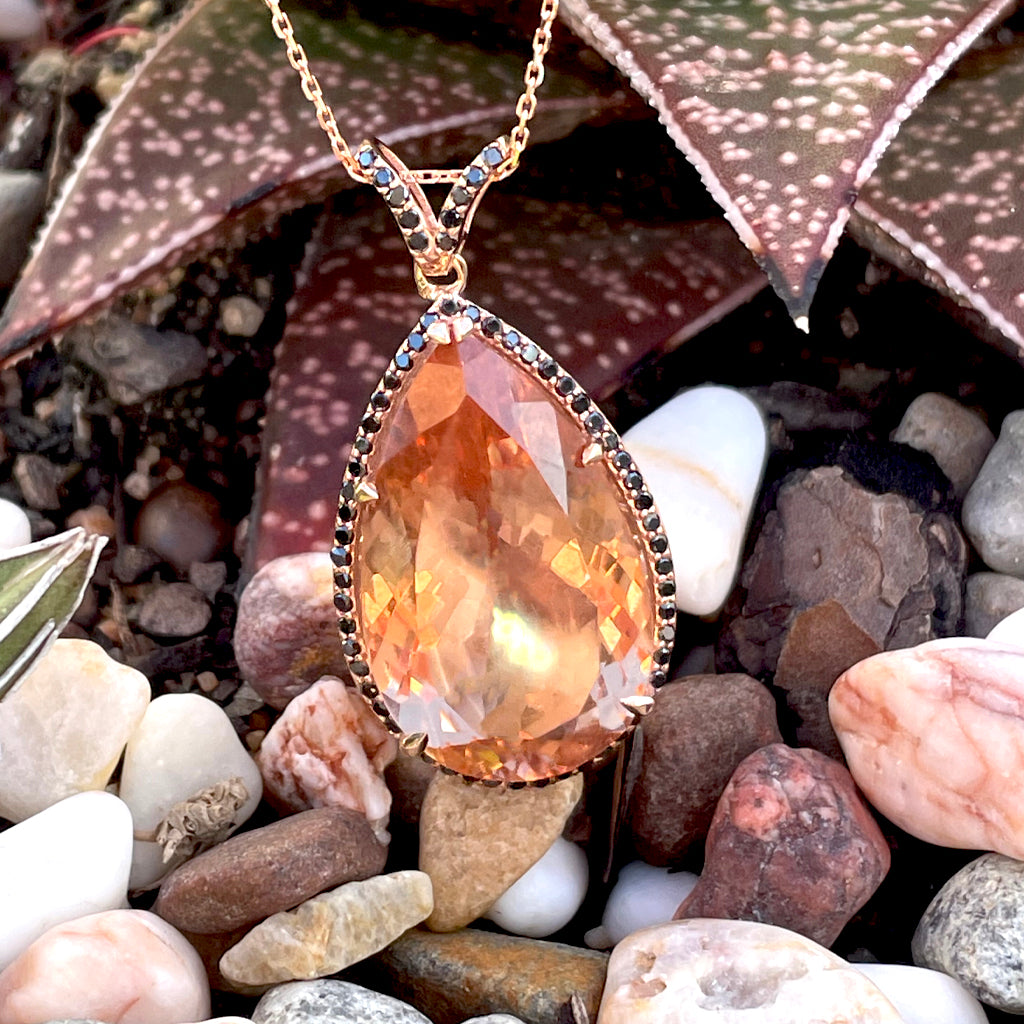 Breathtaking Peach Pear Morganite, Black Diamond Halo Rose Gold Pendant