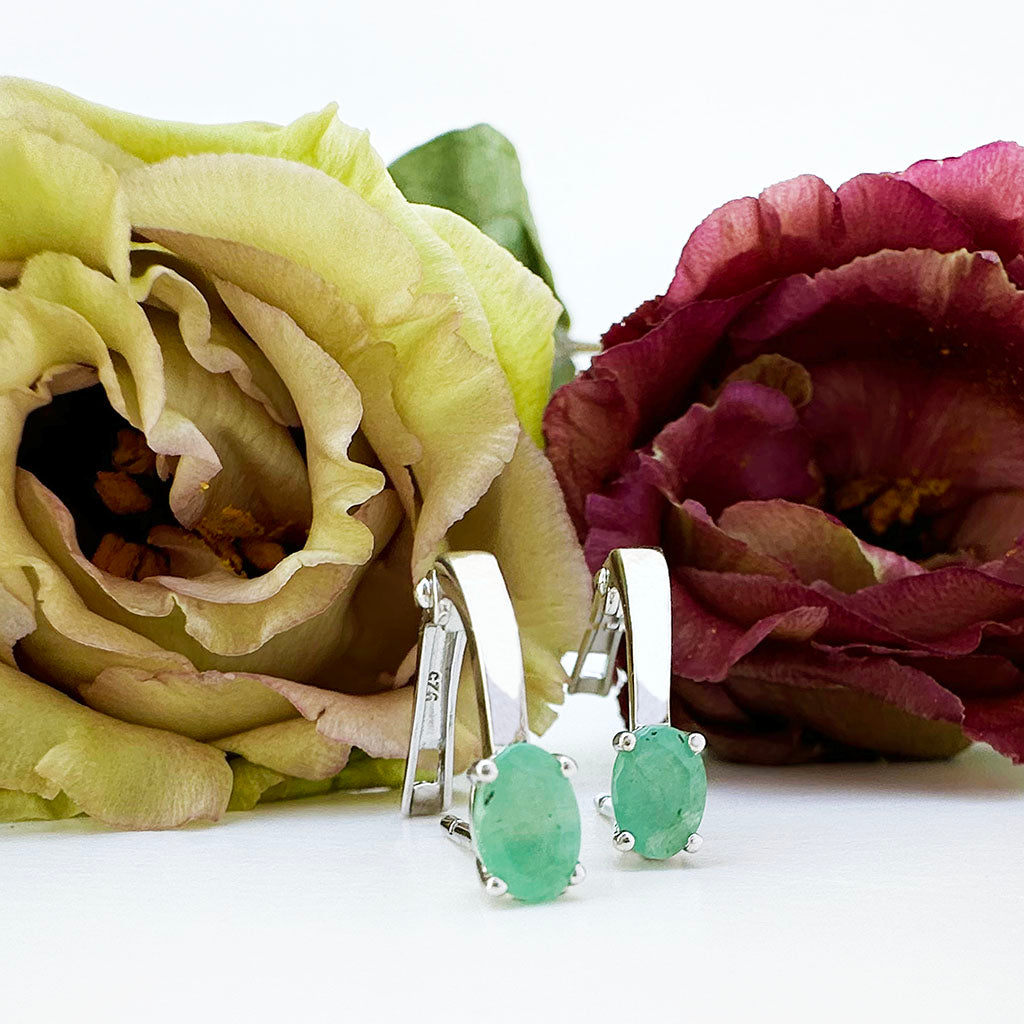 Silver Cabochon Emerald Huggie Earrings