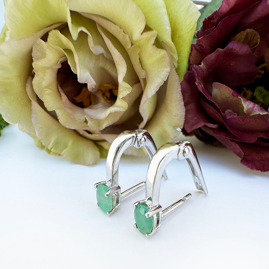 Silver Cabochon Emerald Huggie Earrings