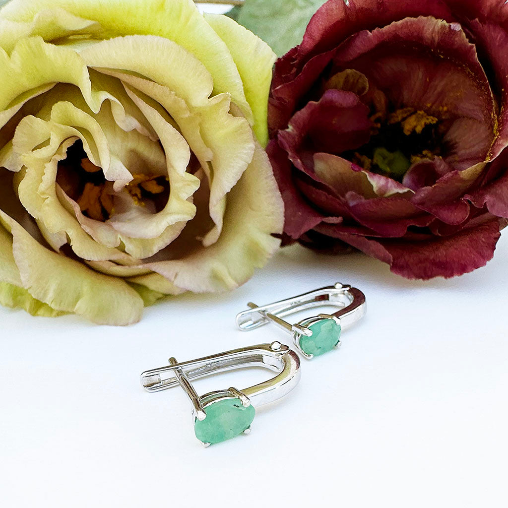 Silver Cabochon Emerald Huggie Earrings