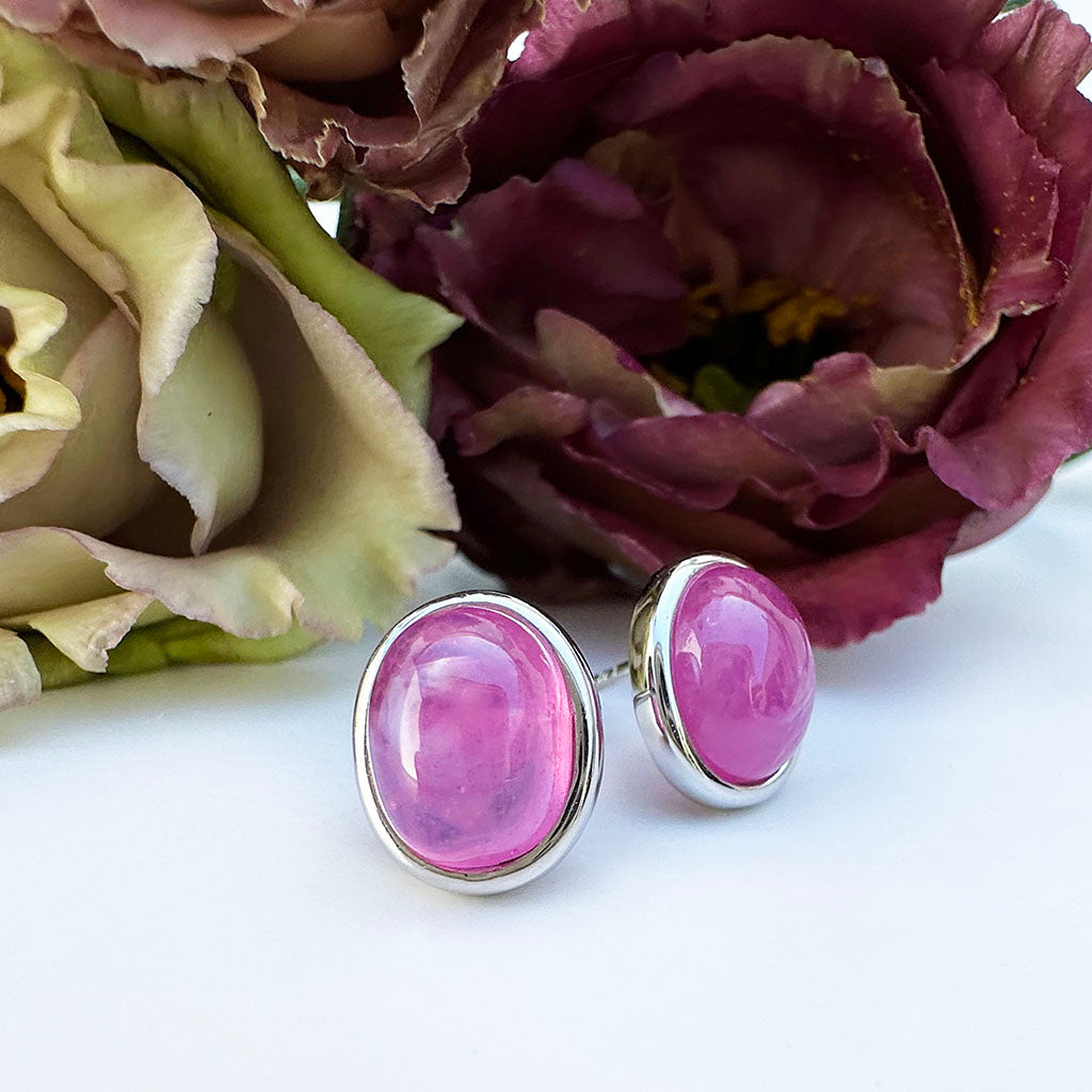 Silver Cabochon Oval Cut Ruby Earrings