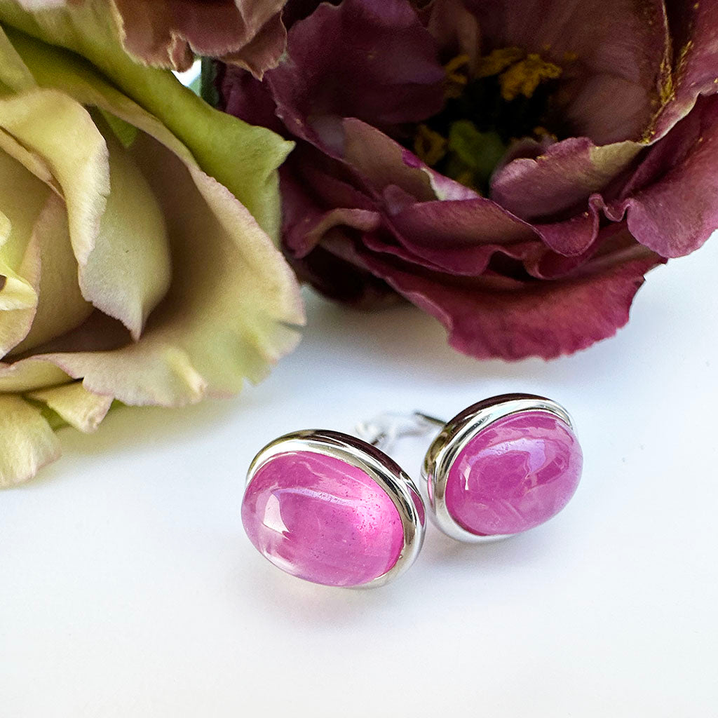 Silver Cabochon Oval Cut Ruby Earrings