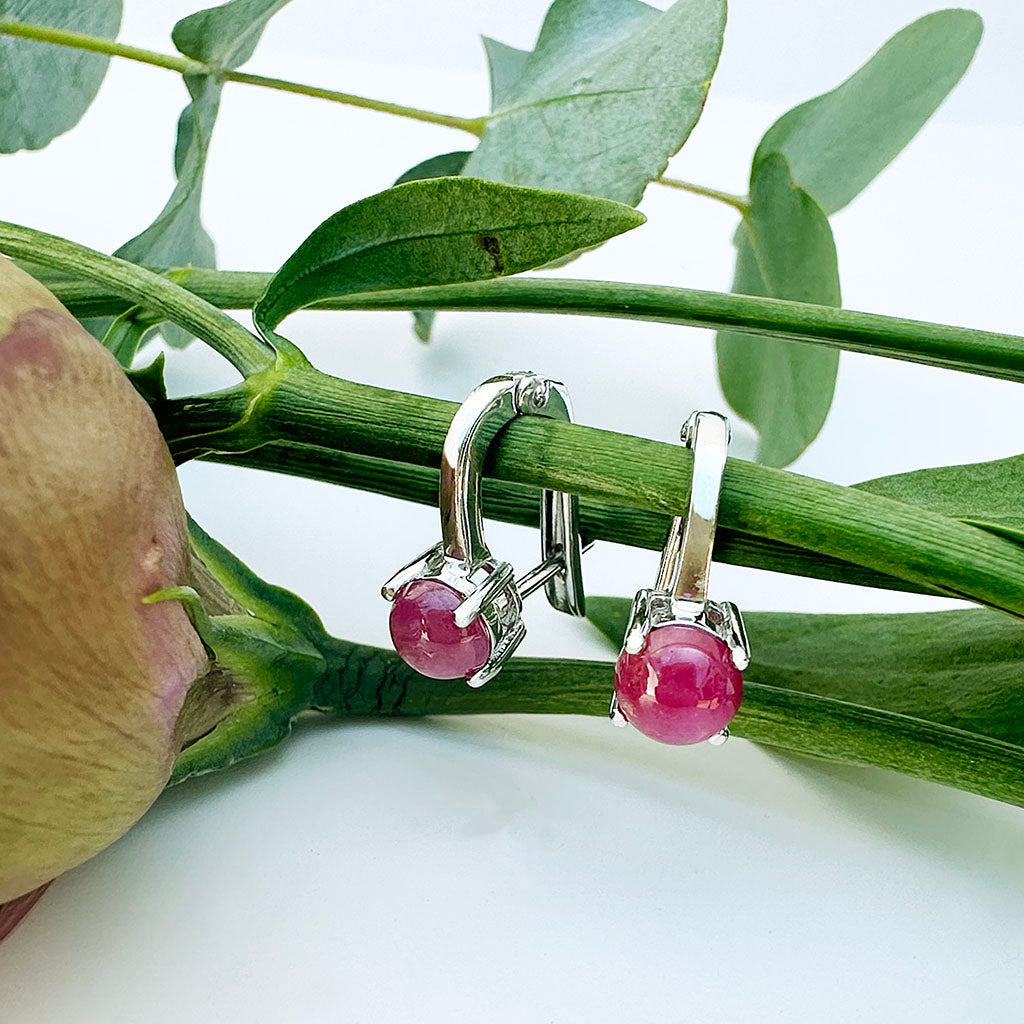 Silver Cabochon Ruby Huggie Earrings