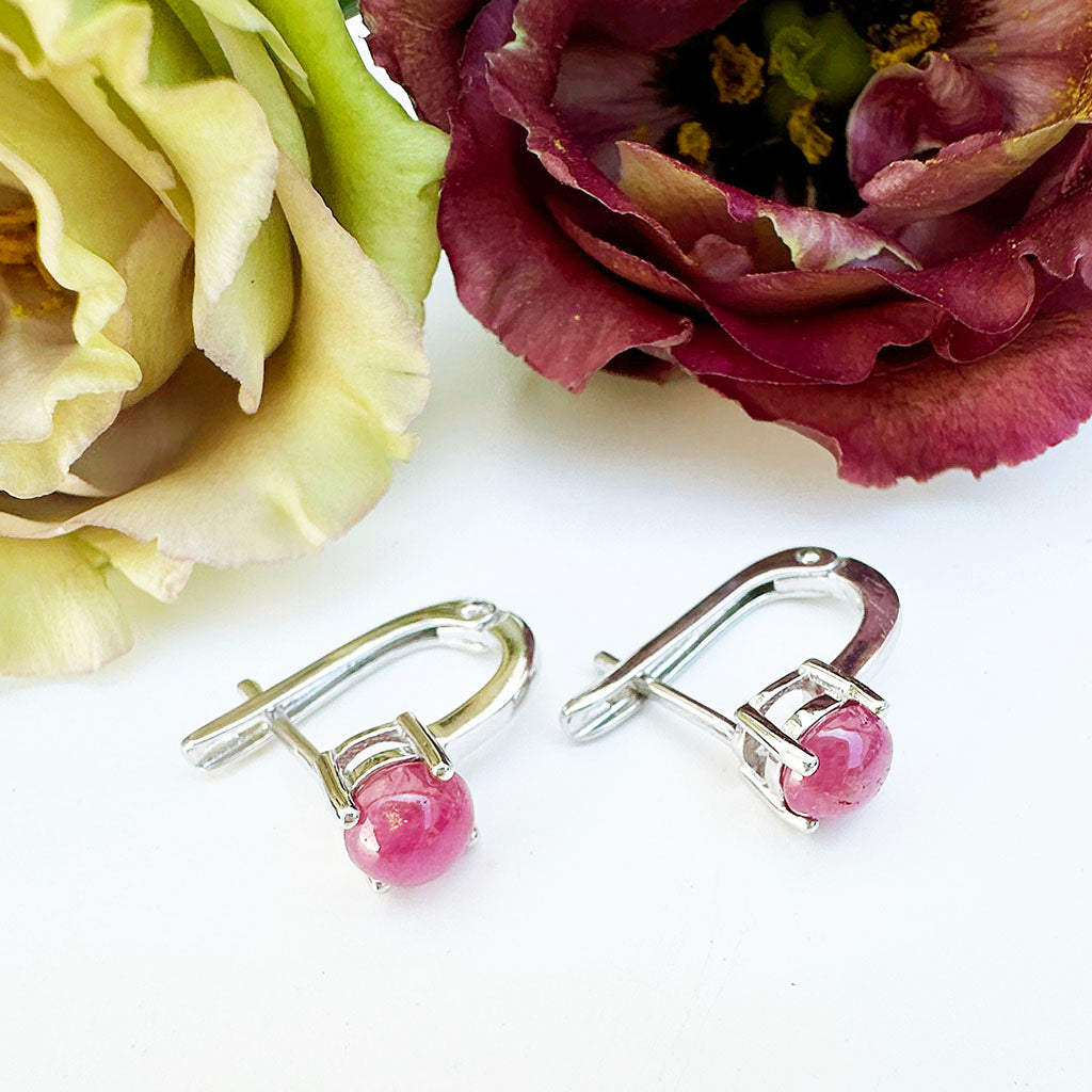 Silver Cabochon Ruby Huggie Earrings