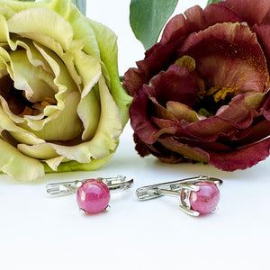 Silver Cabochon Ruby Huggie Earrings