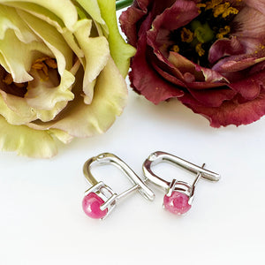 Silver Cabochon Ruby Huggie Earrings