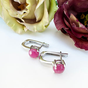 Silver Cabochon Ruby Huggie Earrings