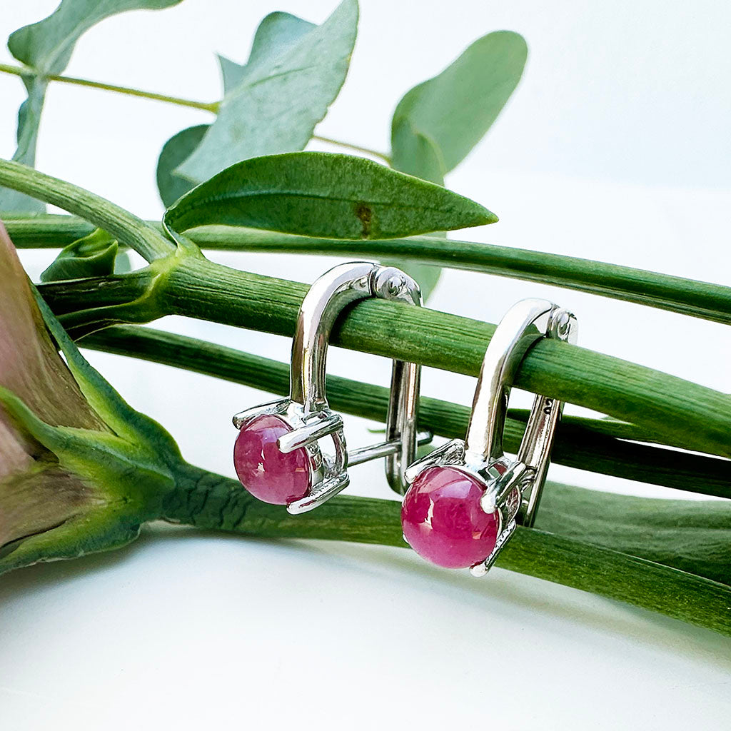 Silver Cabochon Ruby Huggie Earrings