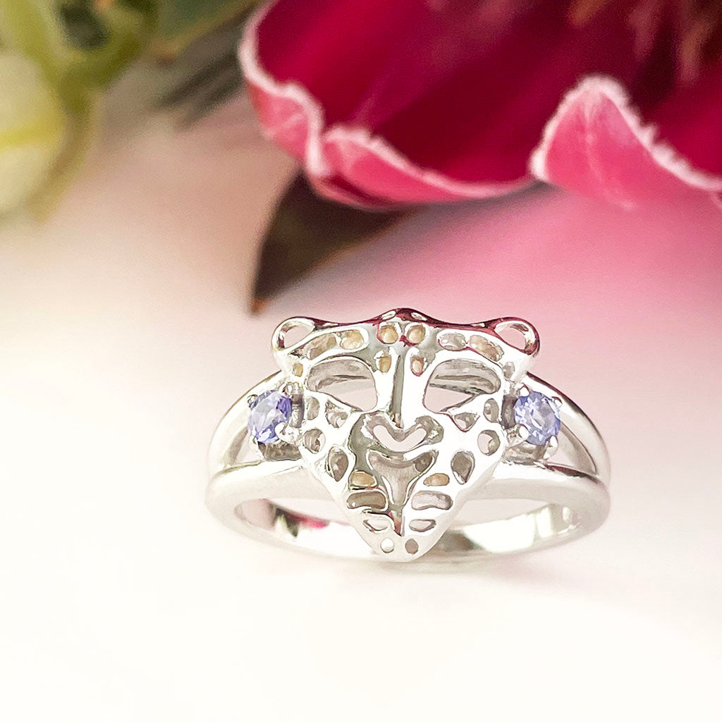 Silver Tanzanite leopard head ring