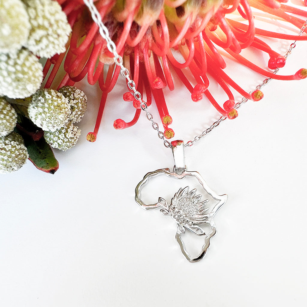 Silver Map of Africa Protea Pendant