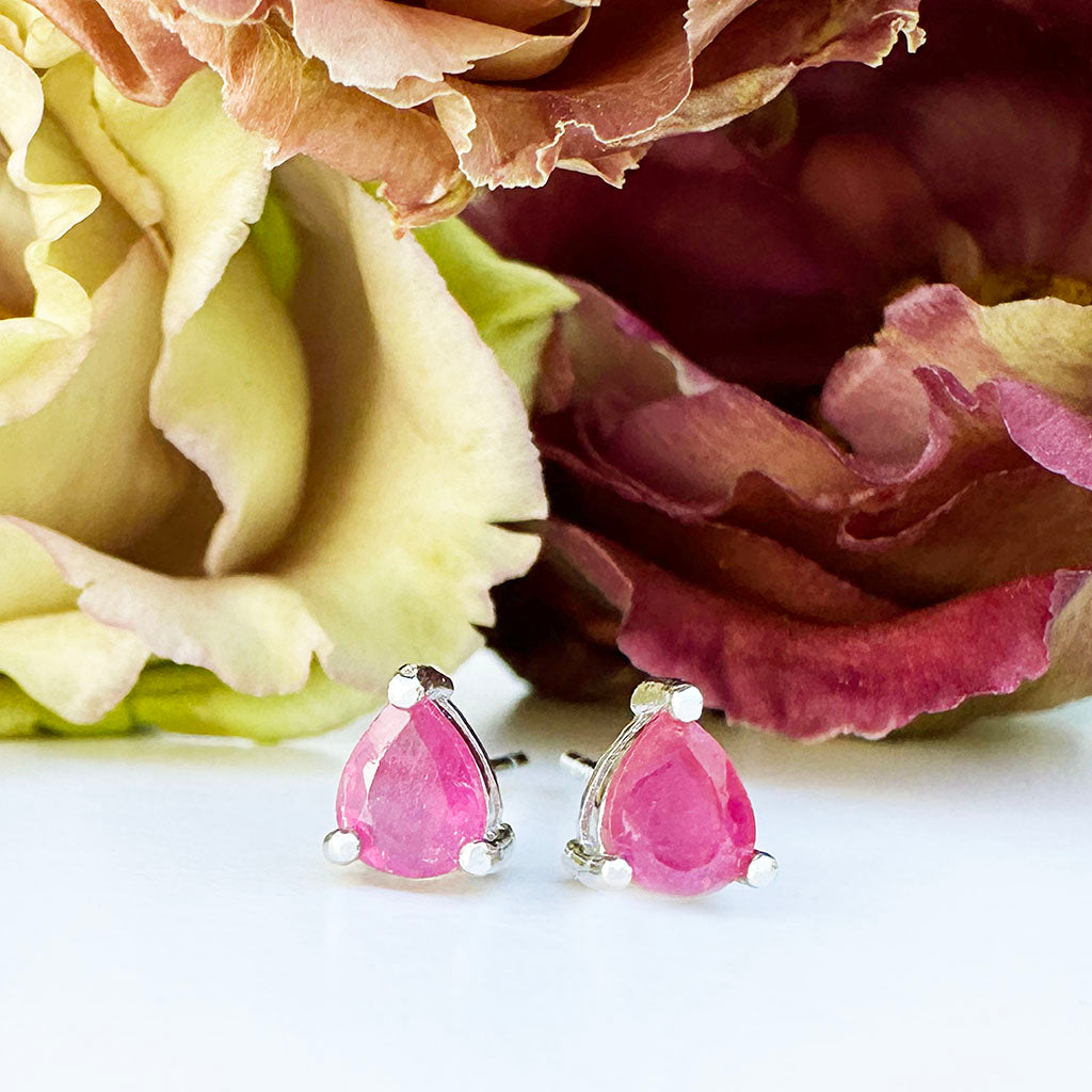 Silver Pear Cut Ruby Earrings
