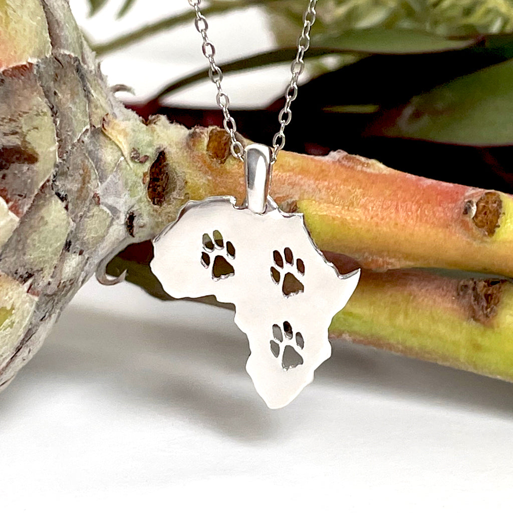 Silver Petite Paw Print Africa Map Pendant