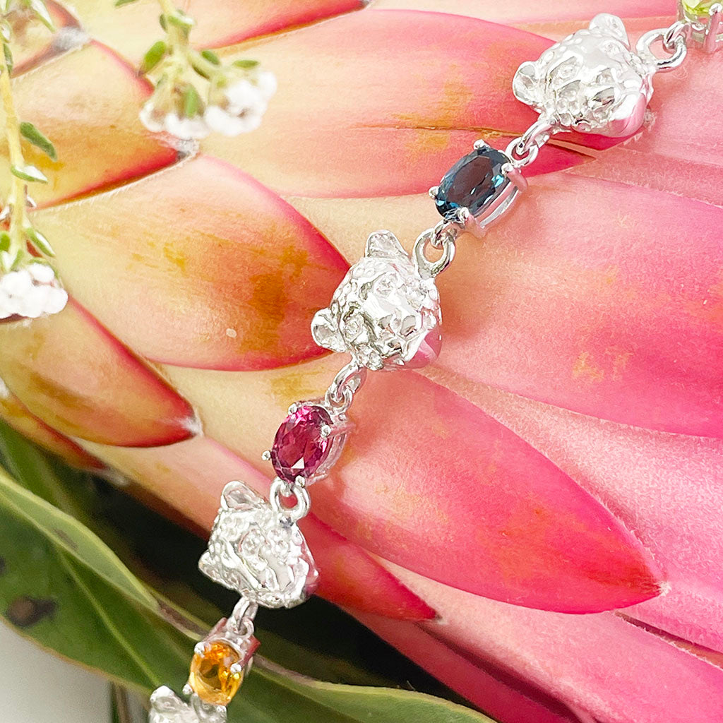 Silver Multi-gemstone rainbow leopard head bracelet cheetah bracelet