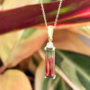 Diamond and watermelon tourmaline yellow gold pendant