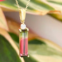 Diamond and watermelon tourmaline yellow gold pendant