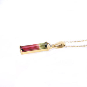 Single Diamond Highlight Watermelon Tourmaline Baguette Yellow Gold Pendant