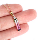 Single Diamond Highlight Watermelon Tourmaline Baguette Yellow Gold Pendant