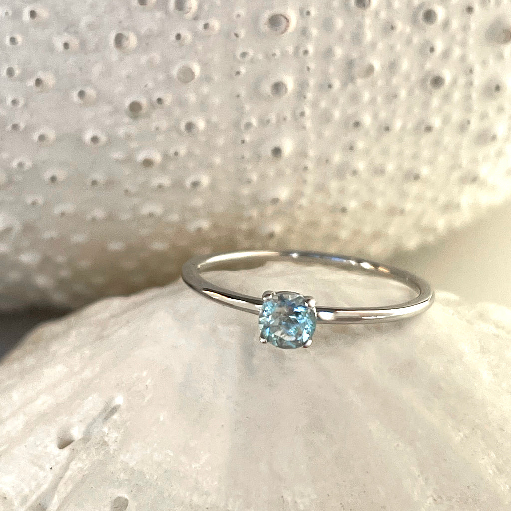 White Gold Raised Four Claw Aquamarine Stacking Ring