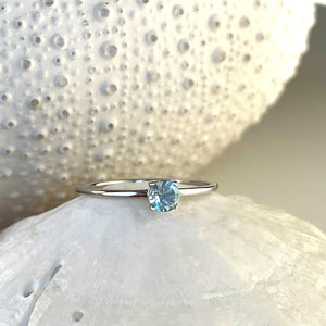 White Gold Raised Four Claw Aquamarine Stacking Ring