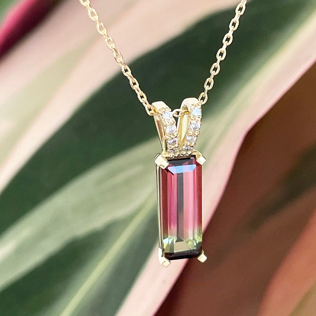 Watermelon tourmaline and diamond pendant