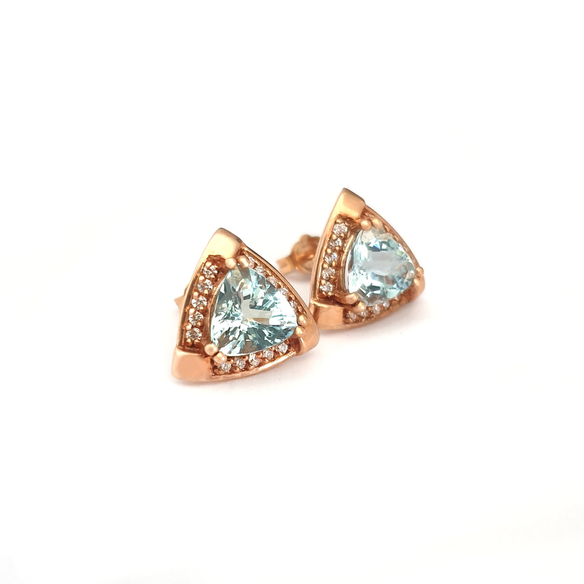 Standout Trilliant Rose Gold Aquamarine and Diamond Highlight Stud Earrings