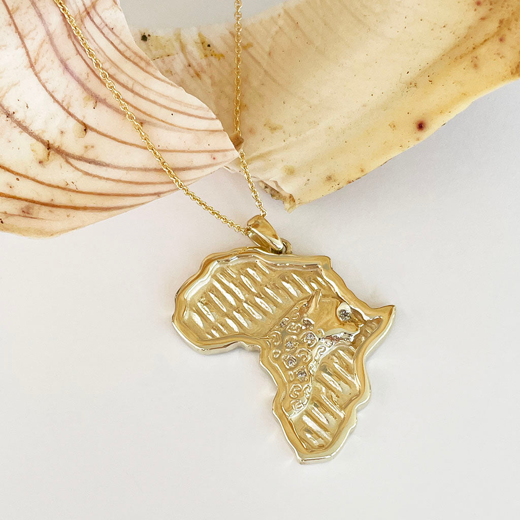 Stand Out Cheetah and White Diamond Solid Africa Map Yellow Gold Pendant
