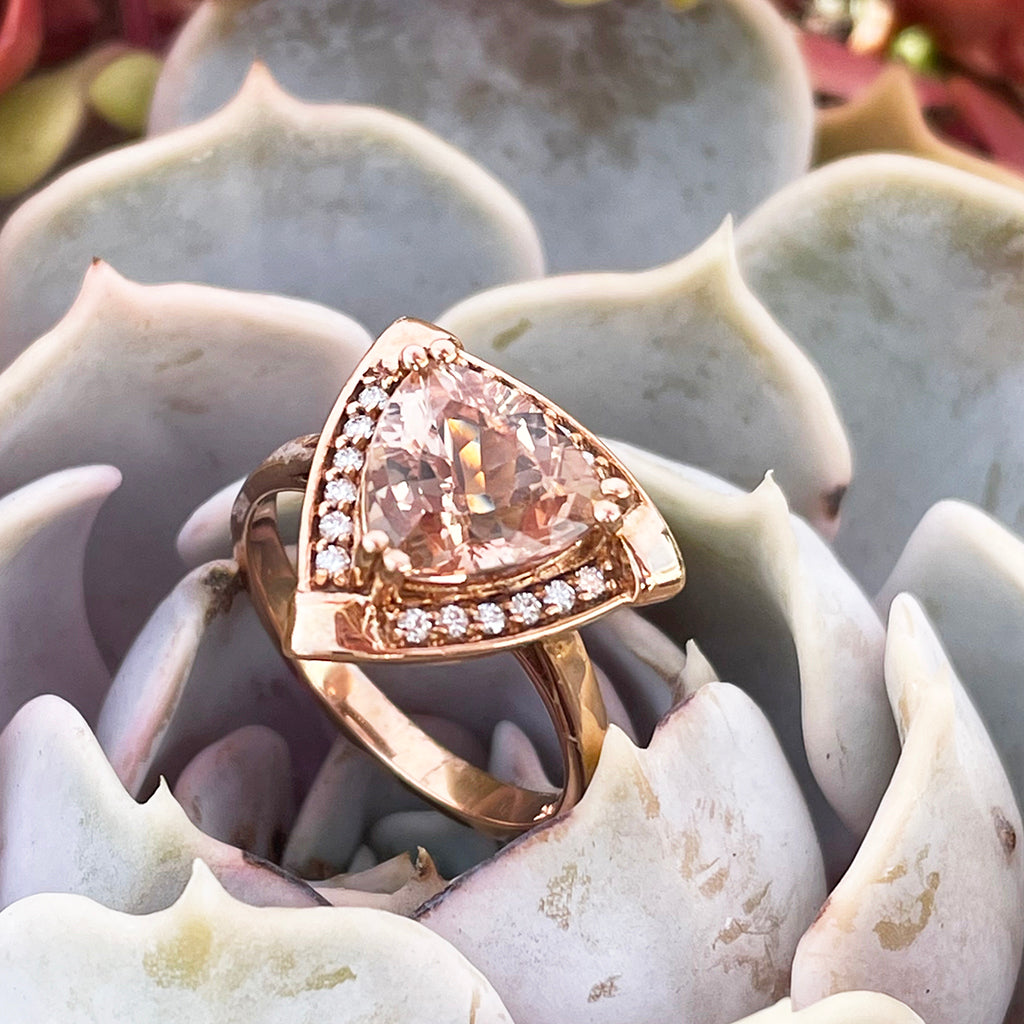Standout Trilliant Rose Gold Peach Morganite and Diamond Highlight Ring