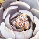 Standout Trilliant Rose Gold Peach Morganite and Diamond Highlight Ring