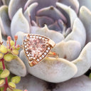 Standout Trilliant Rose Gold Peach Morganite and Diamond Highlight Ring