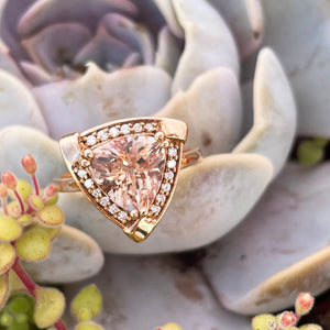 Standout Trilliant Rose Gold Peach Morganite and Diamond Highlight Ring