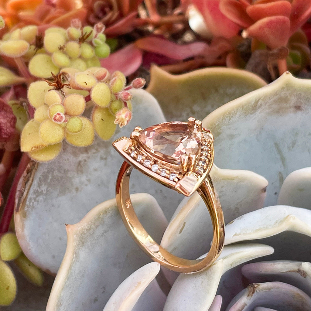 Standout Trilliant Rose Gold Peach Morganite and Diamond Highlight Ring