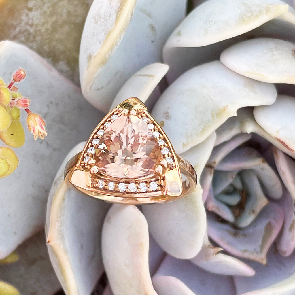 Standout Trilliant Rose Gold Peach Morganite and Diamond Highlight Ring
