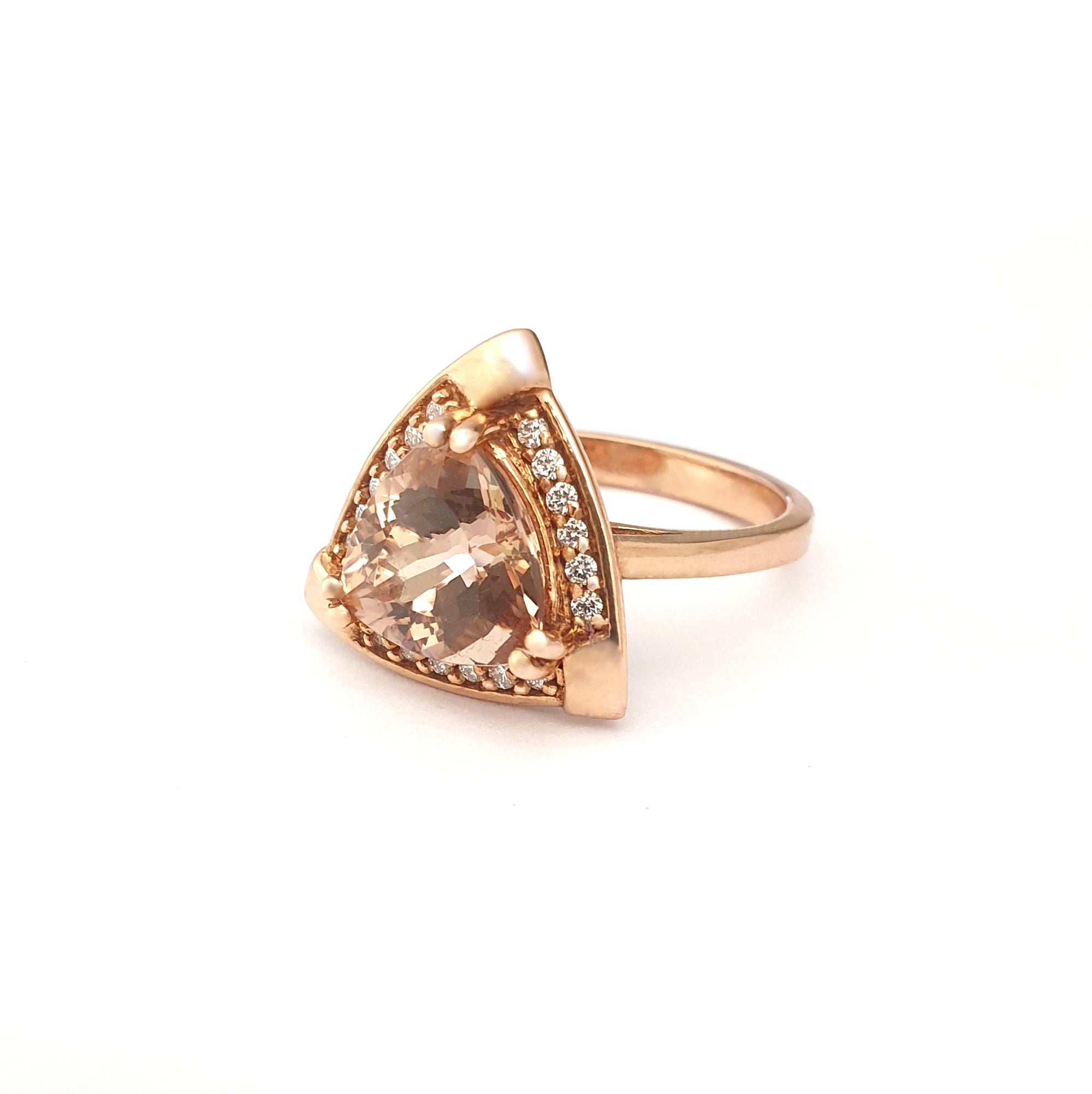 Standout Trilliant Rose Gold Peach Morganite and Diamond Highlight Ring