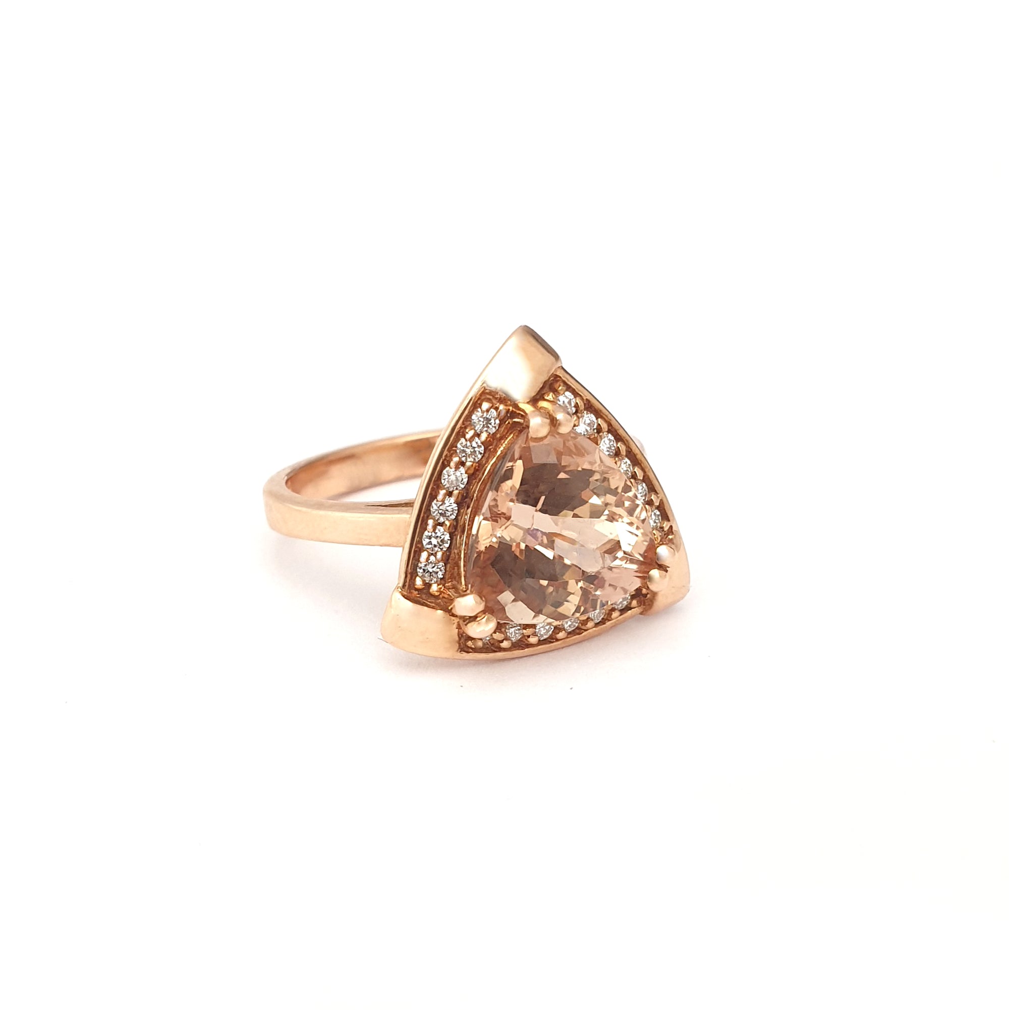 Standout Trilliant Rose Gold Peach Morganite and Diamond Highlight Ring