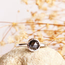 Striking Rose Cut Black Diamond Bezel Set White Gold Ring