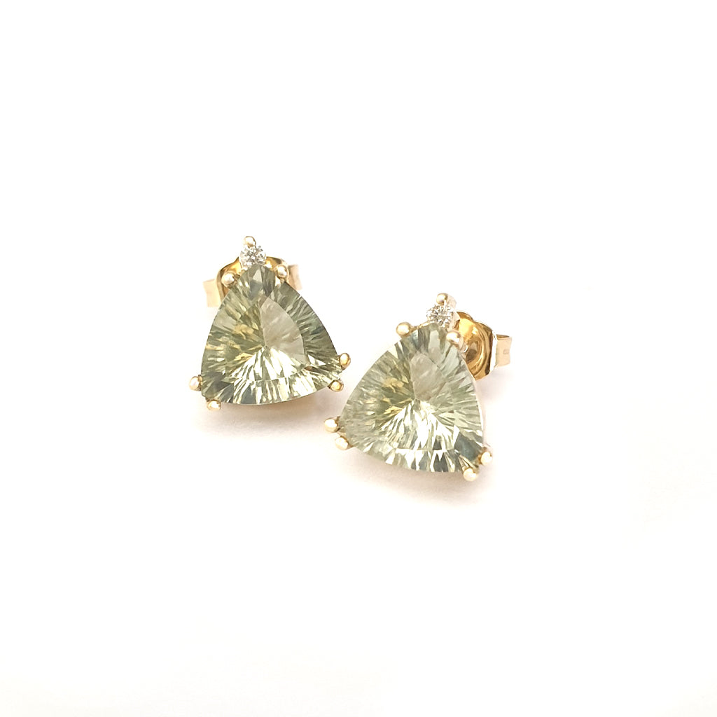 Stunning Trilliant Green Amethyst, Diamond Yellow Gold Studs