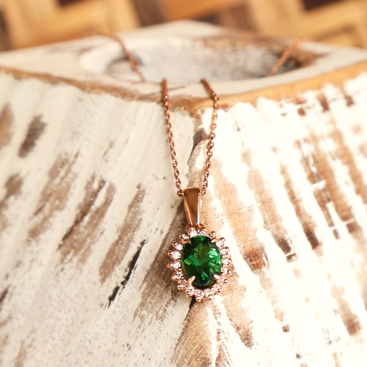 Sublime Oval Tsavorite Diamond Halo Rose Gold Pendant